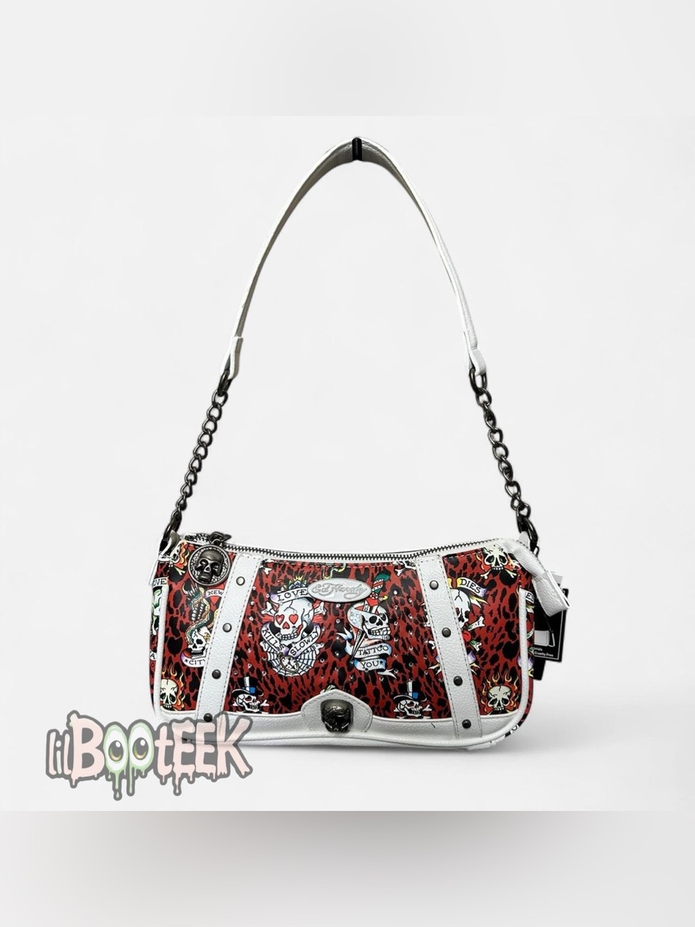 Ed Hardy Red White Leopard Print Shoulder Bag & Strap Skull & Crossbones NEW Y2K